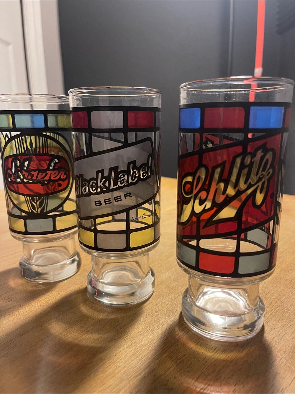 Vintage Schlitz Black Label Glass Set Stained-Glass Style